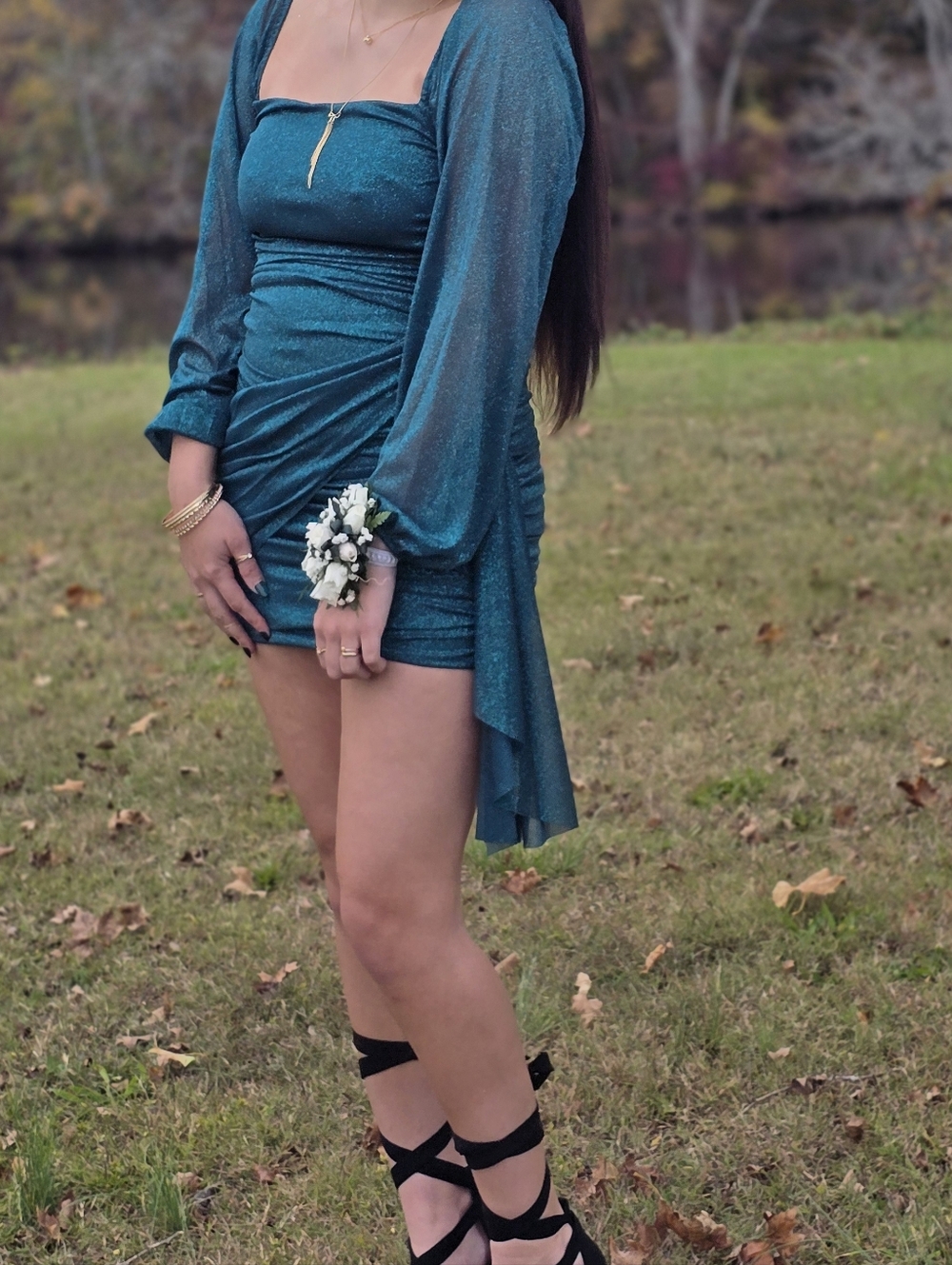 Teal Homecoming  Mini Dress with Sheer Sleeve Duster